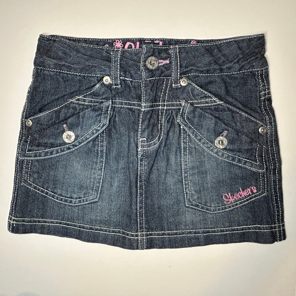 Skechers Vintage Jean Skirt Girls Size 4 Denim Mini Pockets Embroidered Y2K 2010